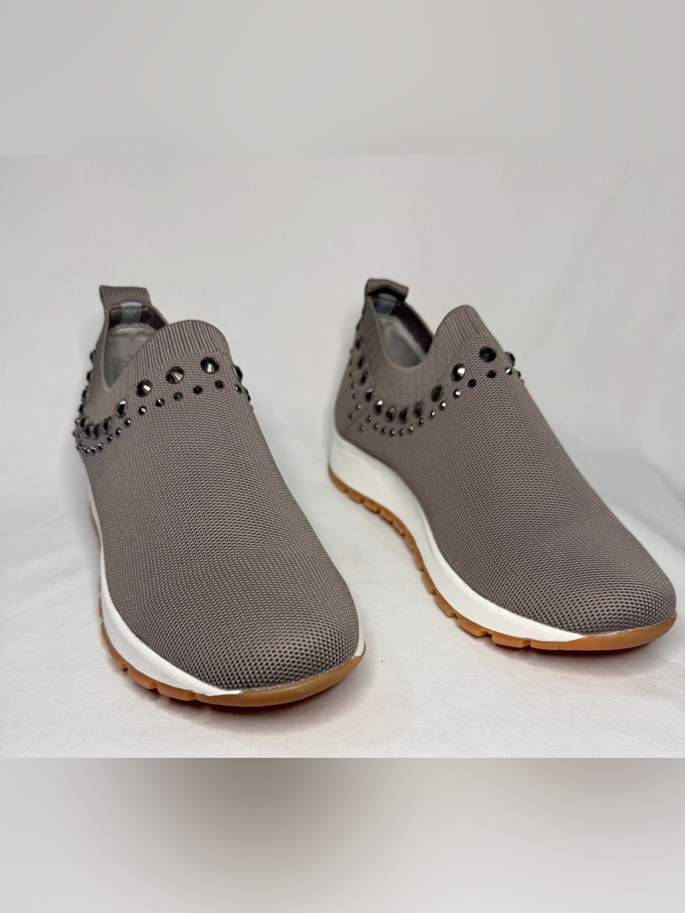 bernie mev. Women's Taupe Knit Slip-On Sneakers with Stud Embellishments